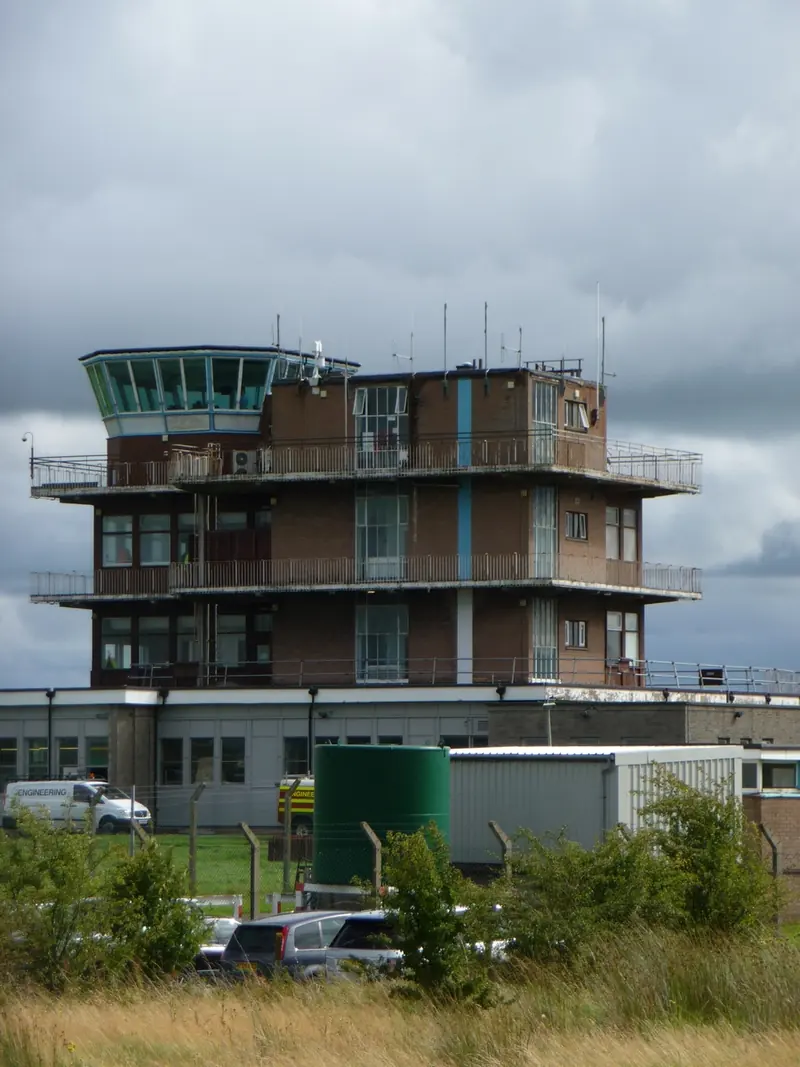 Prestwick Airport control tower photographed from below, 2016
